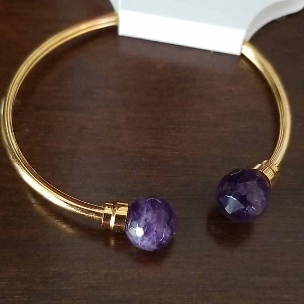 Savvy Cie 18k Gold Plated Sterling Silver Amethyst Faceted Cuff Bracelet - Picture 4 of 4
